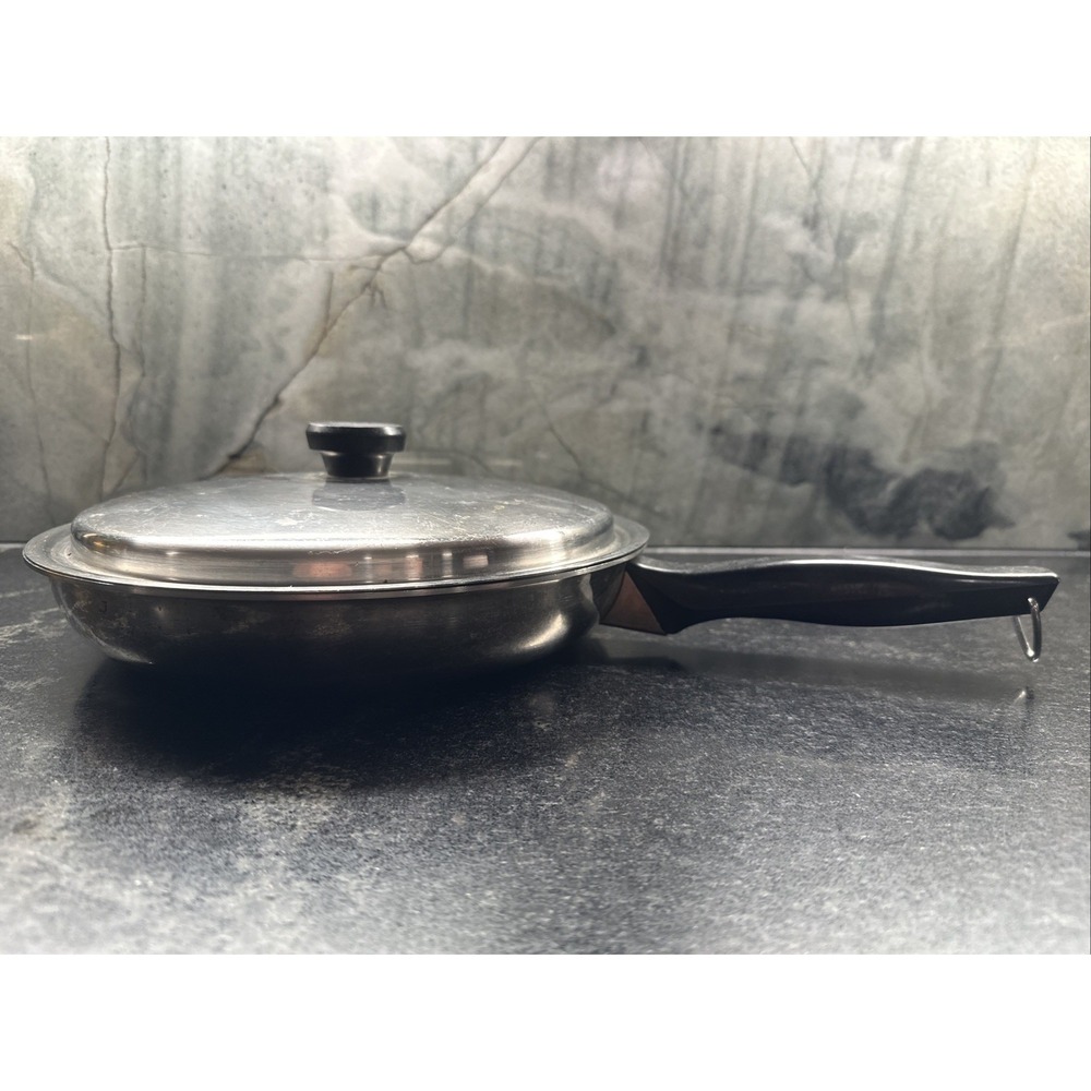 Stainless Steel 10.5" Vintage Frying Pan Lid Long Handle Silver Black Heavy Duty